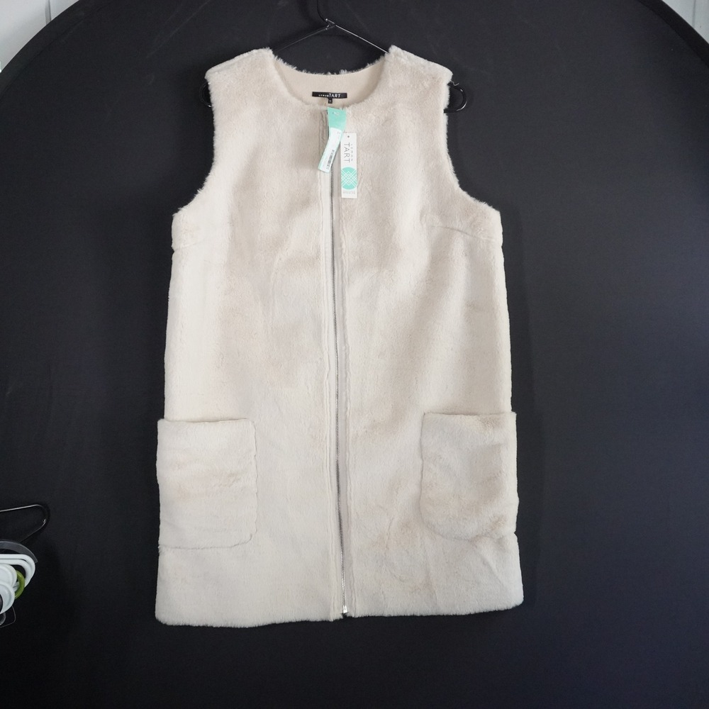 Lemon Tart Womens Medium Cream Faux‎ Fur Sleeveless Zip Front Vest Dress Pockets